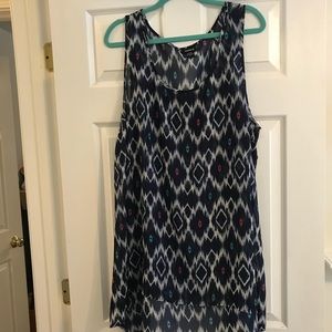 Navy blue tunic with ikat pattern.